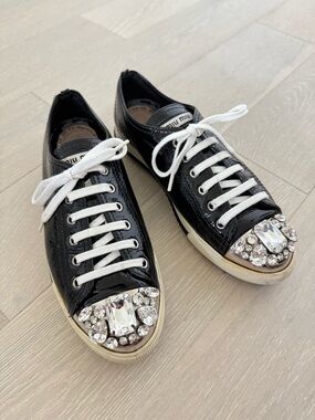 Miu Miu Black Patent Lace-Up Sneakers with Crystal Toe Caps - Size 37.5